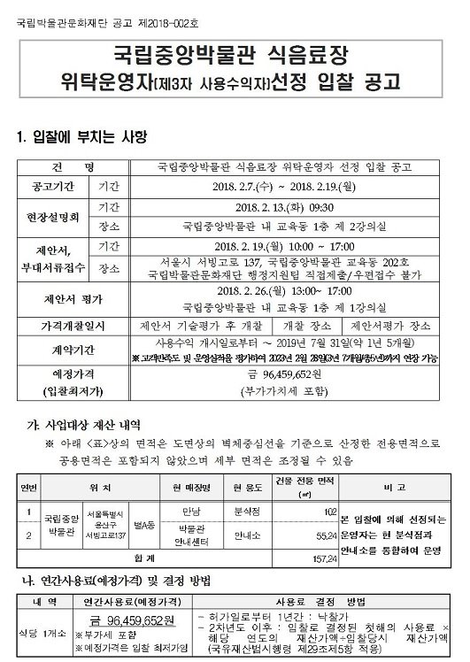 국립중앙박물관 식음료장 위탁운영자 선정 입찰 공고 게시글로써 첨부파일을 참고해주세요