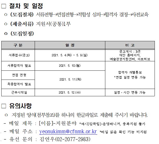 절차 및 일정 서류전형 → 모집전형 → 적합성 심의 → 합격자 결정 → 사전교육 지원서(공통) 1부 (모집일정) 구분 일정 비고 서류접수(공고) 2021.5.4(화) ~ 5.9(일) 공고게시: 3곳 재단 홈페이지, 예술경영지원센터, 아트허브 서류합격자 발표 2021.5.10(월) 합격자 개별통보 *면접 일정 변동 가능 면접전형 2021.5.11(화) 최종합격자 발표 근무시작일 2021.5.12(수) 일정·시간 변동 가능 유의사항 지정된 양식(첨부참조)를 하나의 한글파일로 제출해 주시기 바랍니다. -메일제목: [이름]-지원분야 *예시[김국립]-운영매니저, 중복지원 불가 -메일 주소: yeonukimm@cfnmk.or.kr *메일 읽음 확인 기능 미지원 -유선 문의: 김연우(02-2077-2983)