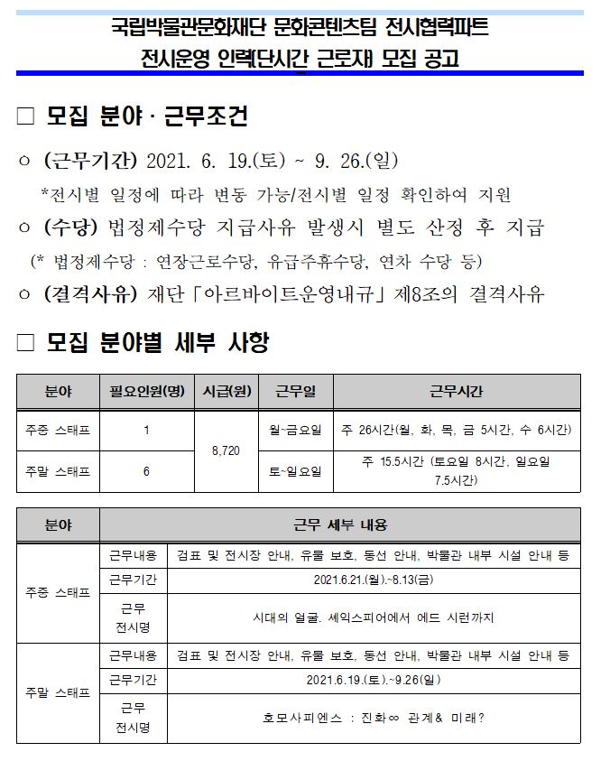 국립박물관 문화재단 문화콘텐츠팀 전시협력파트 전시운영 인력(단시간 근로자) 모집 공고 모집분야 근무조건 (근무기간) 2021.6. 19(토) ~ 9.26(일) *전시별 일정에 따라 변동 가능/전시별 일정 확인하여 지원 (수당) 법정제수당 지급사유 발생시 별도 산정 후 지급 (*법정제수당 : 연장근로수당, 유급주휴수당, 연차 수당 등) (결격사유) 재단 아르바이트운영내규 제8조의 결격사유 모집 분야별 세부사항 분야 필요인원(명) 시급(원) 근무일 근무시간 주중 스태프 1 8.720 월 금요일 주 26시간(월, 화, 목, 금 5시간, 수 6시간) 주말스태프 6 8,720 토 일요일 주 15.5시간 (토요일 8시간, 일요일 7.5시간) 분야 근무 세부 내용 주중 스태프 근무내용 검표 및 전시장 안내, 유물 보호, 동선 안내, 박물관 내부 시설 안내 등 2021.6.21(월). ~ 8.13(금) 시대의 얼굴, 세익스피어에서 에드 시런까지 주말스태프 근무내용 검표 및 전시장 안내, 유물 보호, 동선 안내, 박물관 내부 시설 안내 등 근무기간 2021.6.19(토) ~ 9.26(일) 근무 전시명 호모사피엔스 : 진화 관계&미래